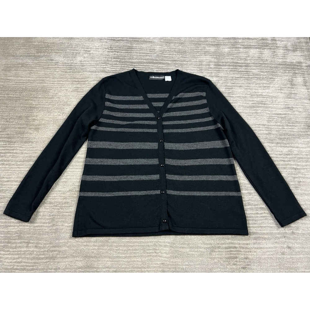 Sag Harbor Sweater Womens Large Black Striped Cardigan Long Sleeve Casual